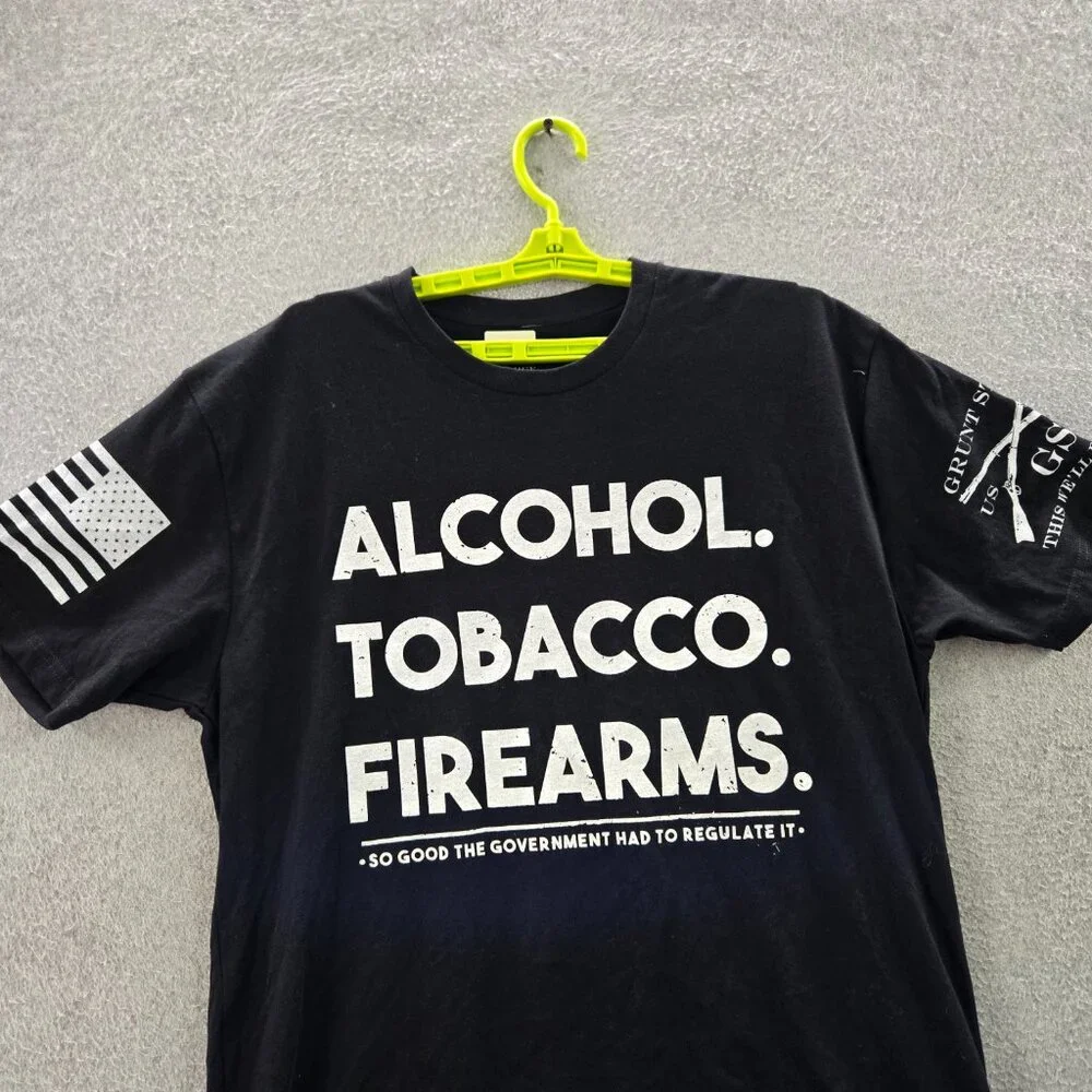 Grunt Style Men Shirt LARGE Black Alcohol Tobacco Firearms Grunge‎ Logo Short